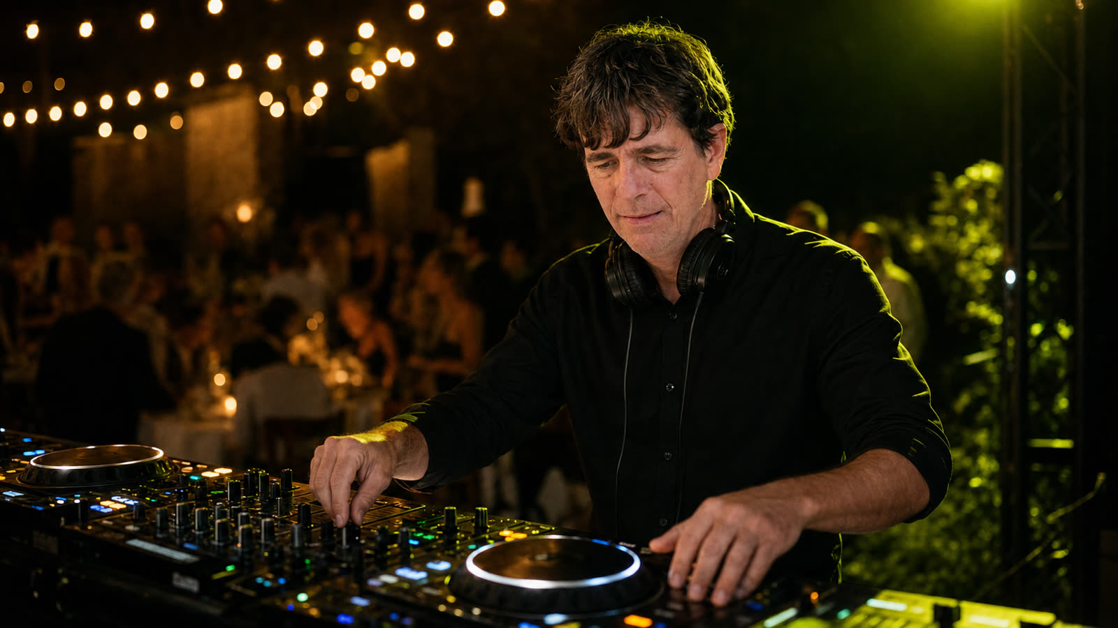 Peter Carlstedt DJing a private event with professional DJ decks and evening party lights